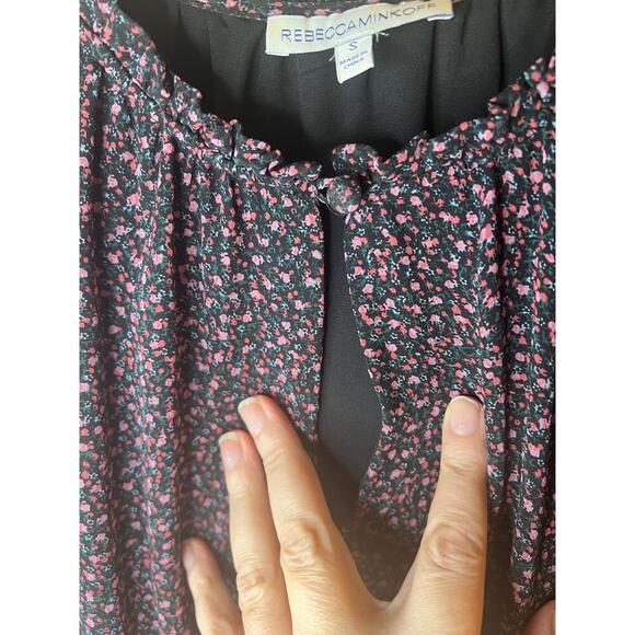 REBECCA MINKOFF Mini Dress Size S Black Pink Floral Ruffled Smocked Tiered - Picture 4 of 11